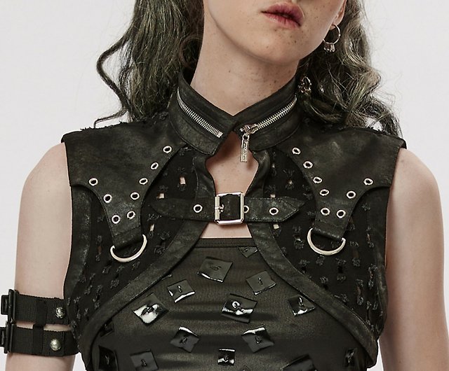 Gothic Women's Sleeveless Biker Jacket With Double Lacing and Silver Zipper, Thinkers Clothing