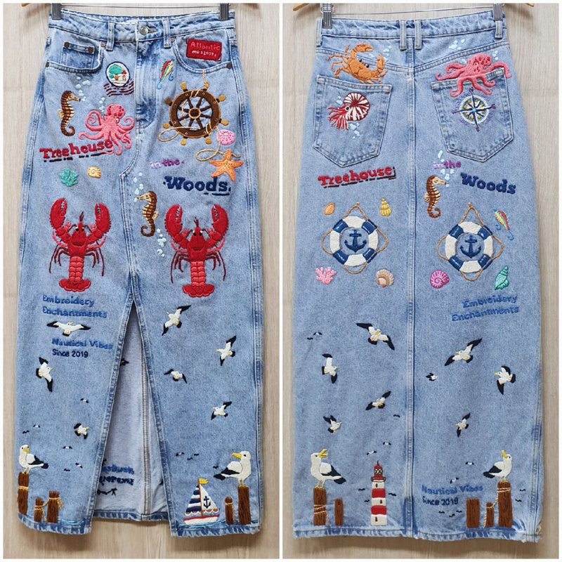 Hand Embroidery Skirt, Lobster, Sea, Coral, Seahorse, Sailing Boat, Anchor - Women's Blazers & Trench Coats - Thread Blue