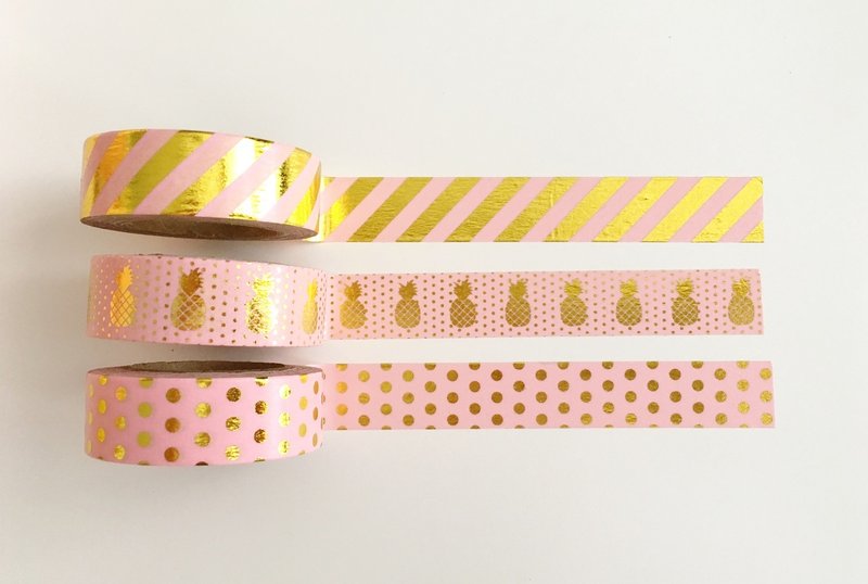Set of 3 Pink Gold Foil Washi Tape - 紙膠帶/和紙/PET - 紙 