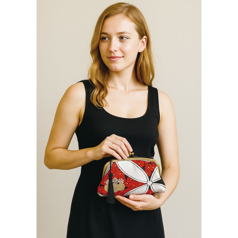 和風手工手提包・手拿包 日本古典帶布再生製作 冷豔 高雅 大膽 - 手拿包 - 絲．絹 黑色