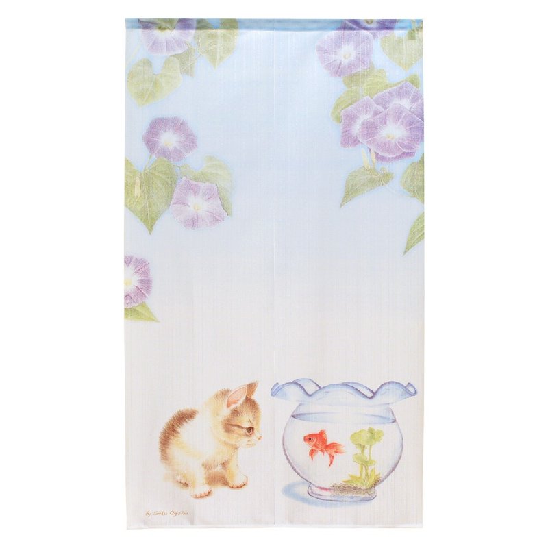 Made in Japan Kosuna long door curtain cat and goldfish - Doorway Curtains & Door Signs - Other Man-Made Fibers 