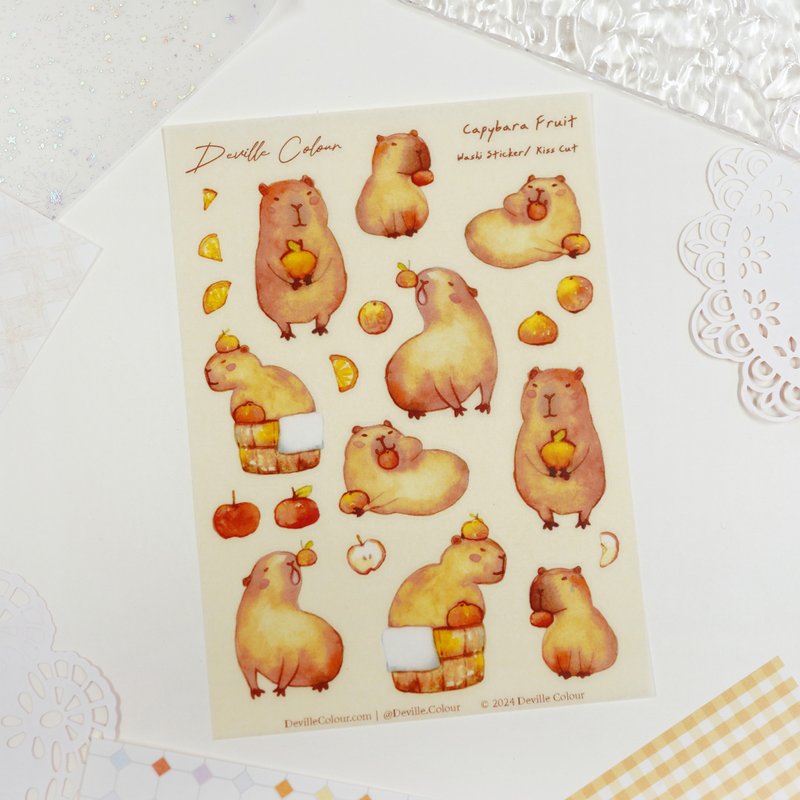 【Capybara Fruit】 Washi Sticker Sheet - สติกเกอร์ - กระดาษ สีส้ม