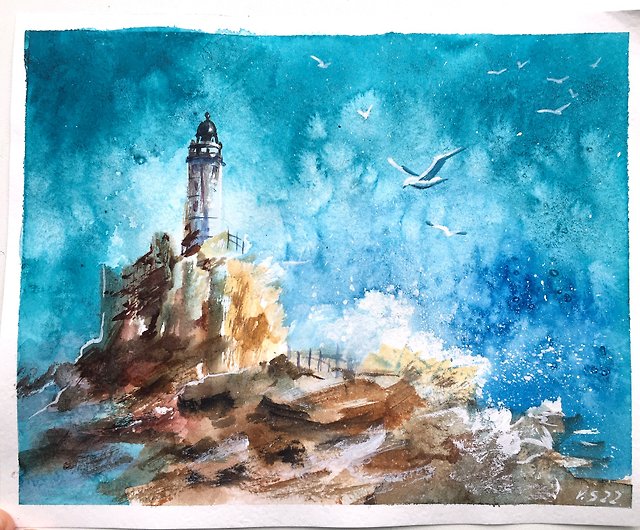 海の風景オリジナル風景灯台絵画水彩画アート青い海 - ショップ ...