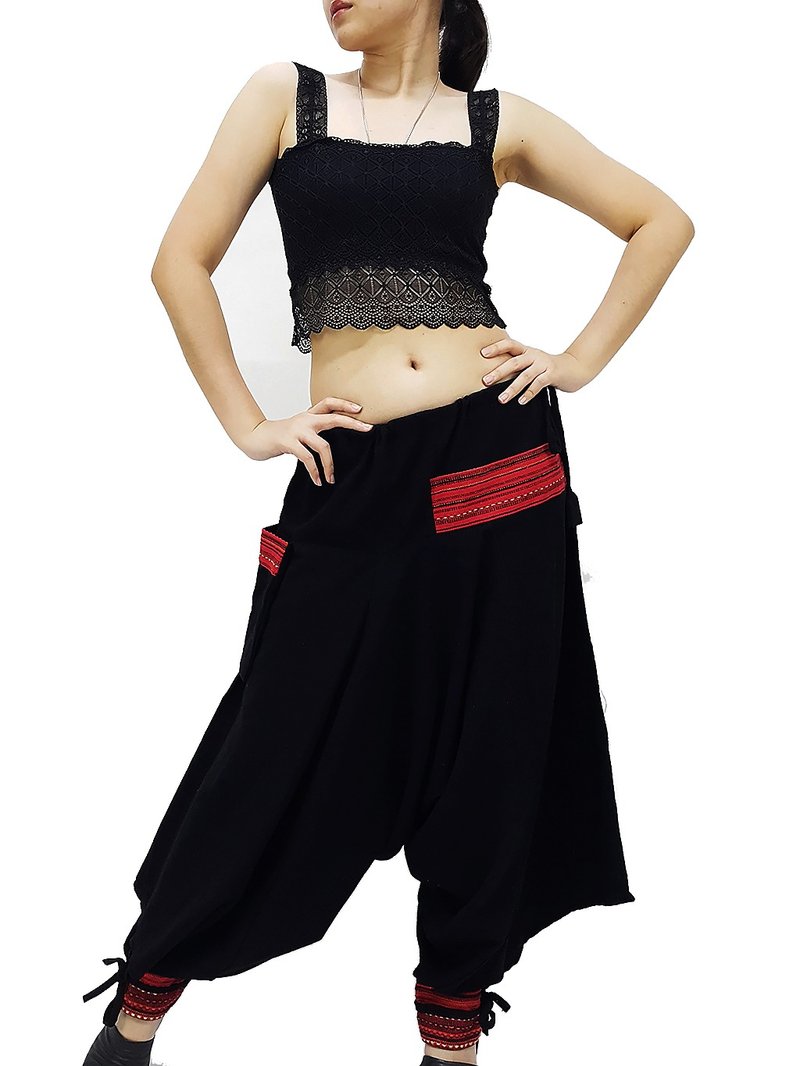 ドロップクロッチパンツ、サムライパンツ、コットンユニセックスパンツ、ハーレムパンツ、ロングパンツ、ブラック - パンツ ユニセックス - コットン・麻 ブラック