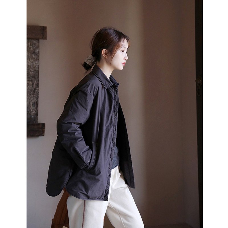茄紫色高密長絨棉夾棉襯衫棉服 - 女上衣/長袖上衣 - 棉．麻 