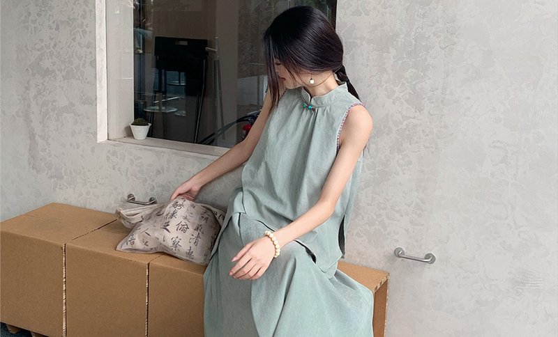 Nianqing new Chinese style Chinese style Tibetan dress modified cheongsam irregular Zen tea dress top/skirt - Women's Tops - Other Materials Green