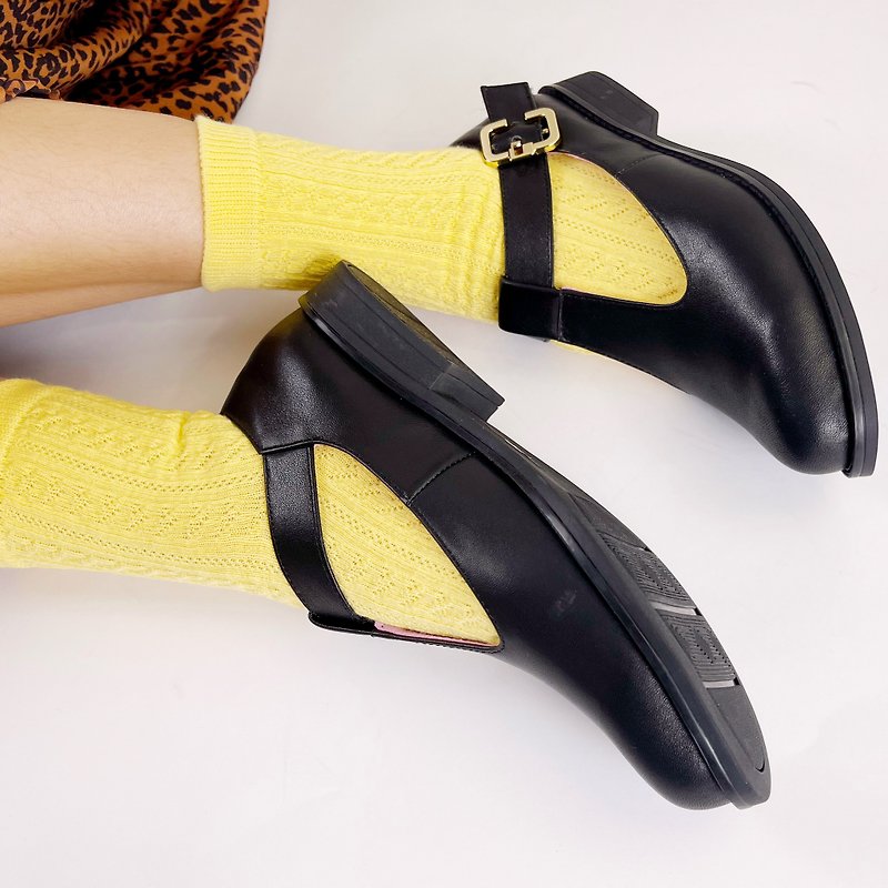 デビル フェルト メリー ジェーン ロー ヒール || ブラック ピンク スポットが大好き - 革靴 - 革 ブラック