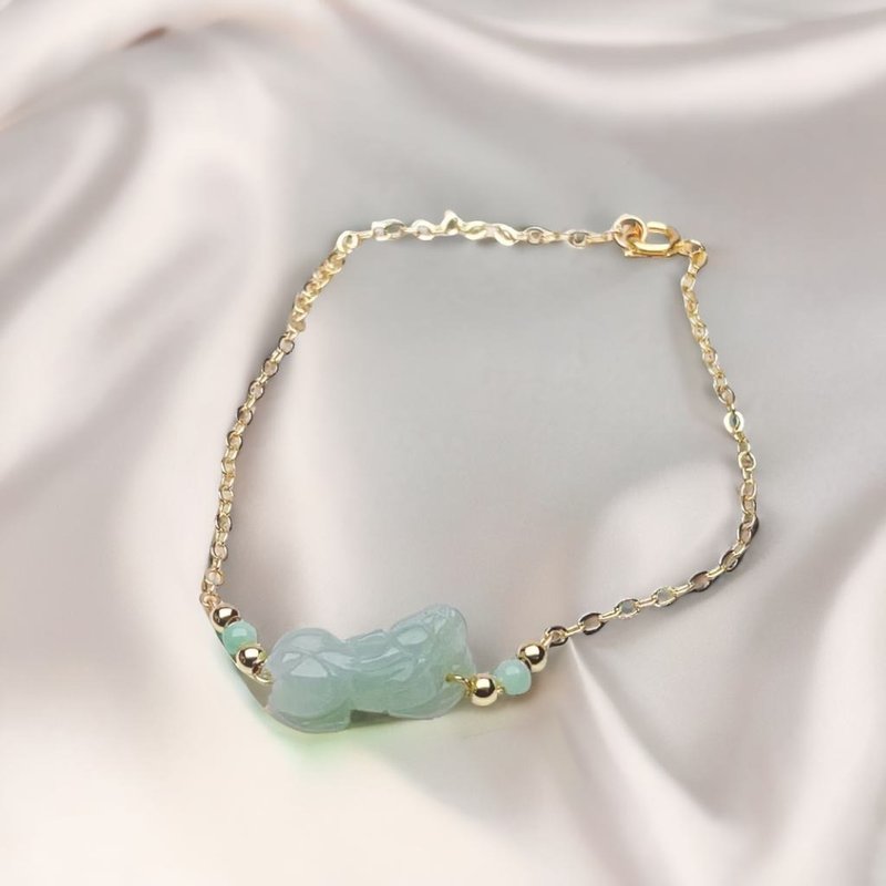 【招財神獸】冰種貔貅翡翠手鍊 14K包金 | 天然緬甸翡翠A貨 |送禮 - 手鍊/手環 - 玉石 綠色