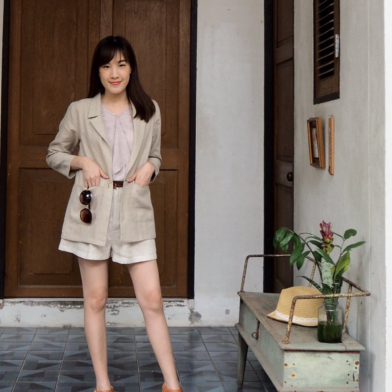 After The Rain Long Sleeve Blazer Linen+DHL - 女襯衫 - 棉．麻 卡其色