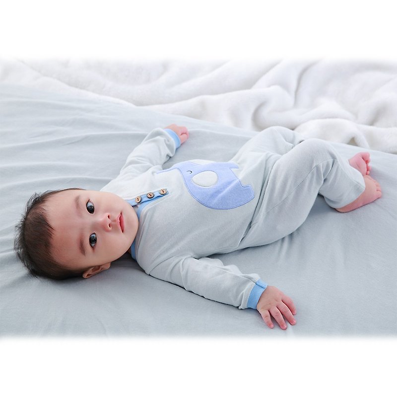 [Deux Filles organic cotton] baby long-sleeved jumpsuit / fart clothing 6~18 months (small elephant patch embroidery) - ชุดทั้งตัว - ผ้าฝ้าย/ผ้าลินิน สีเทา