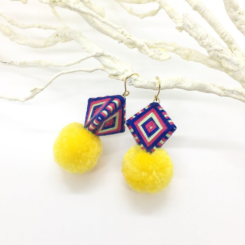 Pincushion Pompon Earrings Clip-On[Navy x Pink x Light Green] - Earrings & Clip-ons - Polyester Multicolor