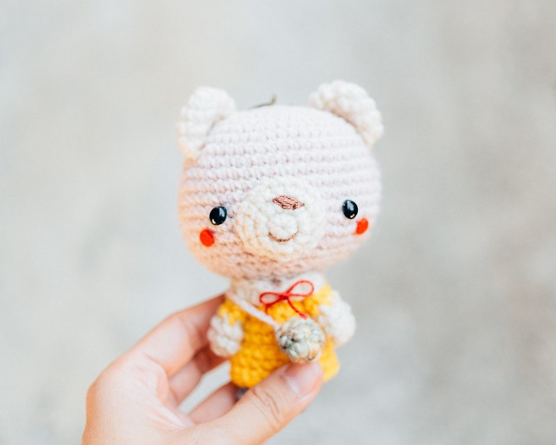 OOAK Gifts - Keychain Amigurumi a Cute Bear Wearing Yellow Dress/ Crochet keyring/ Cozy doll. - 鑰匙圈/鑰匙包 - 其他材質 黃色