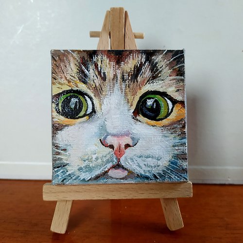 AZA-Art Cat Painting Fnimal Canvas Original Art Pet 7 x 7 with easel Mini Artwork