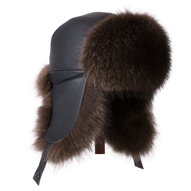 Ushanka Fur Hat Raccoon Fur Hat Color Reddish-brown Black openwork leather - 帽子 - 羊毛 咖啡色