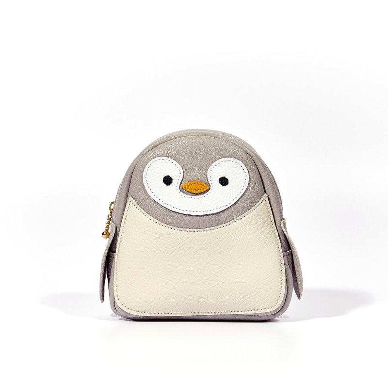 Big penguin pouch, Penguin, Leather pouch, Penguin pouch - กระเป๋าเครื่องสำอาง - หนังแท้ สีเทา