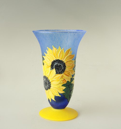 NeA Glass Sunflower Small Blue Yellow Glass Vase Hand painted