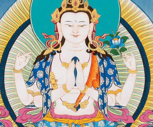 h21# 四腕観音 仏祖 唐卡 タンカ Thang-ga 装飾画民间文化芸術 四本腕の観音菩薩のタンカ絵画 - ショップ Boudha Stupa Thanka