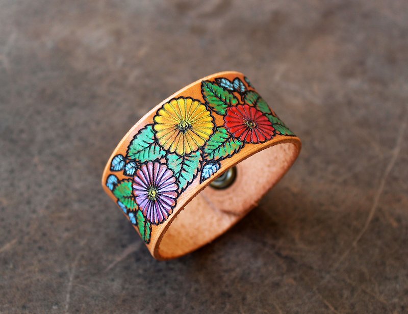 Colorful Hand Painted Floral Leather Bracelet for Teen Girls and Women - Bracelets - Genuine Leather Yellow