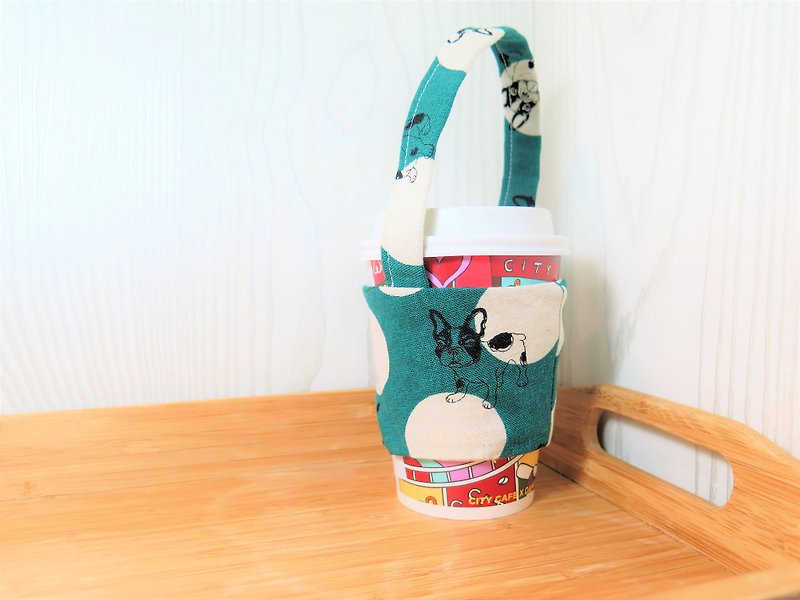 Cute dog (green) / green drink cup cover. Bag. "Plastic limit policy new measures." Environmental protection cloth rugged - ถุงใส่กระติกนำ้ - ผ้าฝ้าย/ผ้าลินิน สีเขียว