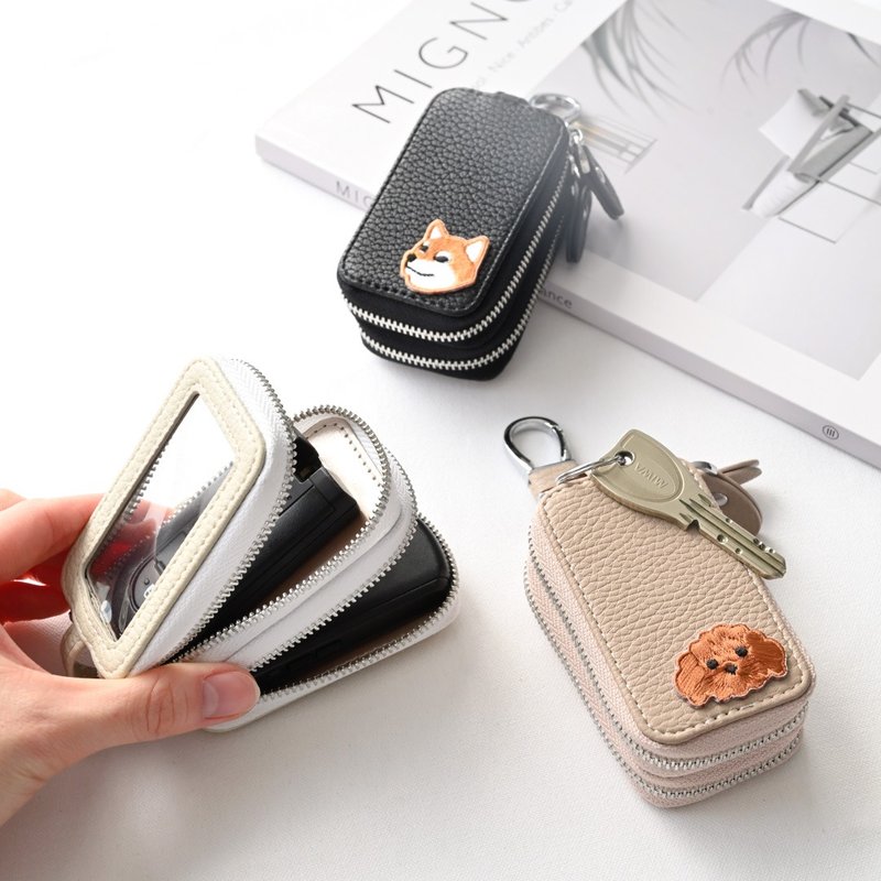 2個収納 スマートキーケース ダブル 【 刺繍 ワッペン 犬 】 スマートキー キーケース くすみカラー アニマル ペット プレゼント A265I - キーホルダー・キーケース - 合皮 ブラウン