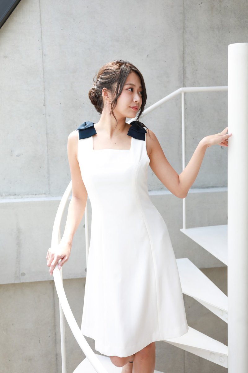 【made in Japan】shoulder ribbon A-line dress - One Piece Dresses - Eco-Friendly Materials White