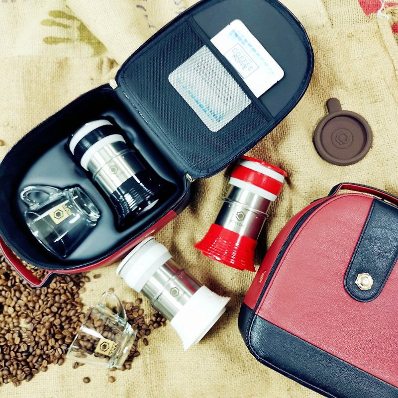 【現貨】露營超好用 HOFFE mini cafe 隨身咖啡機 優惠組合 - 咖啡壺/咖啡器具 - 其他金屬 紅色