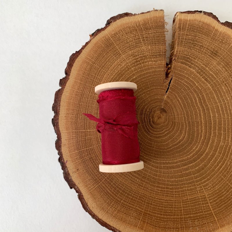 Deep Red Silk Ribbon / Hand Dyed Silk ribbon on Wood Spool - วัสดุห่อของขวัญ - ผ้าไหม สีแดง