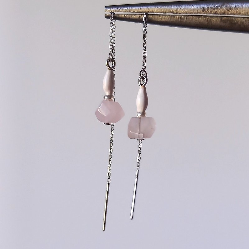 Rose quartz, Karen Silver, Juzdama (Job's Tears) earrings / Clip-On - Earrings & Clip-ons - Sterling Silver Pink