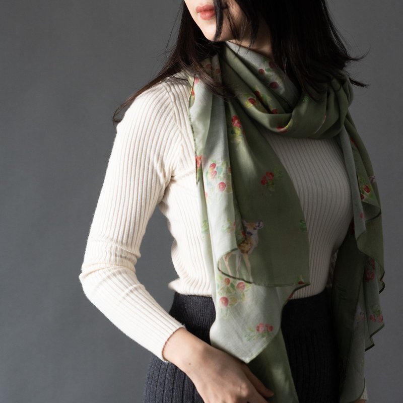 Forest Deer Long Scarf - Forest Green - Knit Scarves & Wraps - Cotton & Hemp Green