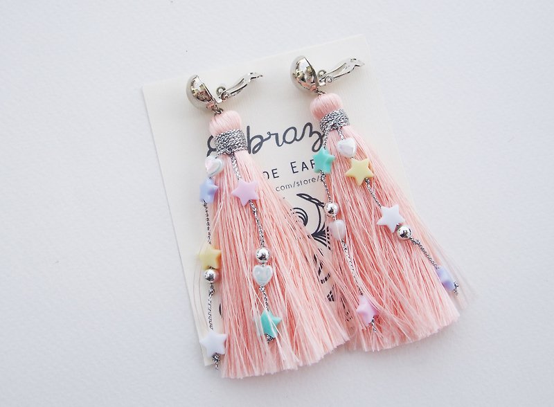 Peach long tassel with pastel beads earrings - 耳環/耳夾 - 其他材質 橘色