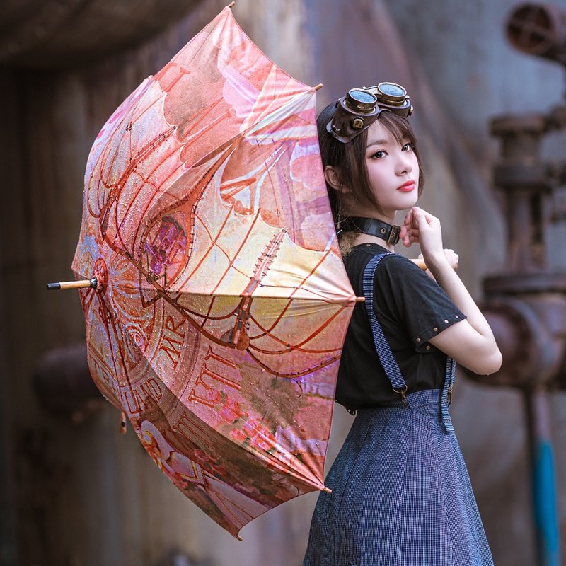 蒸汽朋克 原創 手繪印花 防曬 木直長柄 晴雨兩用傘 - 雨傘/雨衣 - 其他材質 橘色