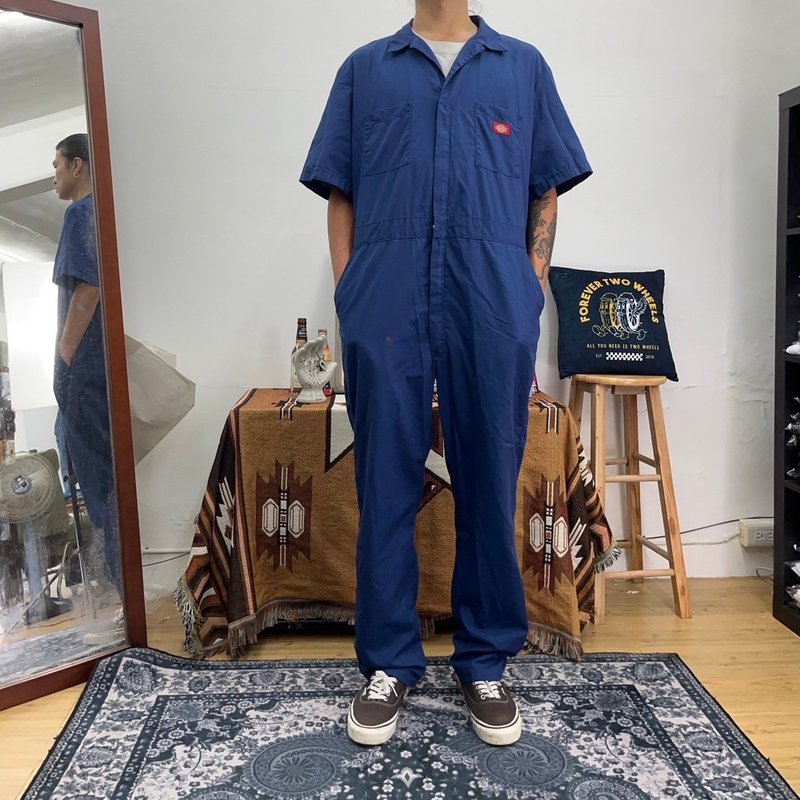 DICKIES 藍色 短袖 連身工作服 COVERALLS LR 古著 二手 - 男長褲/休閒褲 - 棉．麻 藍色