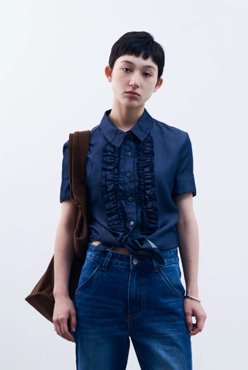 Japanese retro wood ear lace denim short-sleeved shirt - Women's Shirts - Other Materials Blue