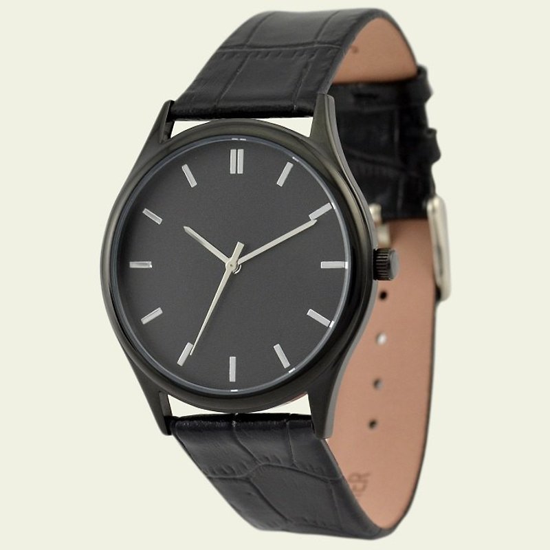 シンプルなブラックウォッチ（シルバーが釘付け） - 腕時計 ユニセックス - ステンレススチール ブラック