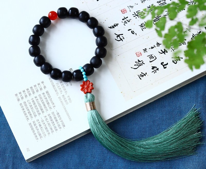 Natural Hetian jade ink jade old bead bracelet rosary hand-held car hanging size 12×11MM or so - สร้อยข้อมือ - หยก 