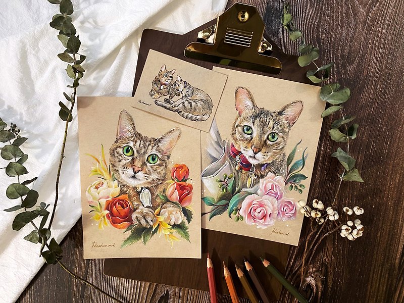 Customization, pet portrait, hand-painted warm brown, single flower - ภาพวาดบุคคล - กระดาษ 