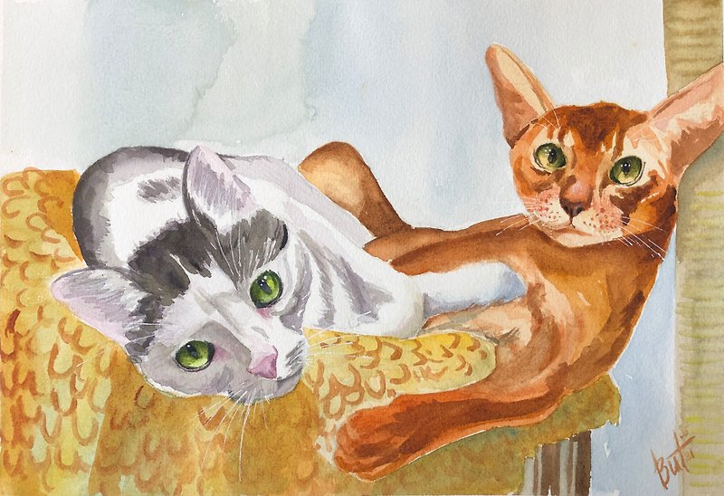 紙 海報/掛畫/掛布 橘色 - Cats Painting Animal Original Artwork Watercolor Pet Portrait Friends Wall Art