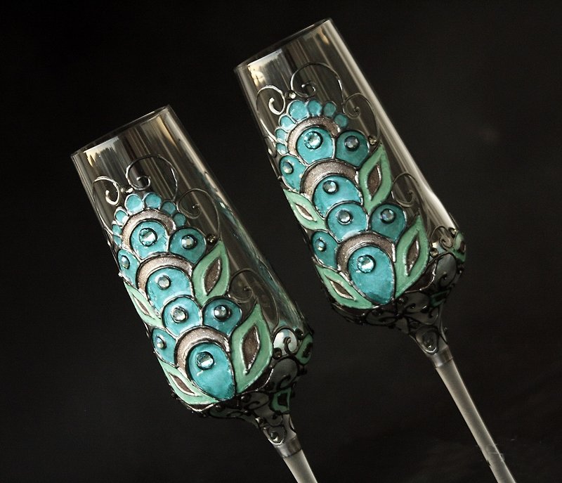 Crystal Champagne Glasses Wine Glasses Weddong set of 2 - 酒杯/酒器 - 玻璃 藍色