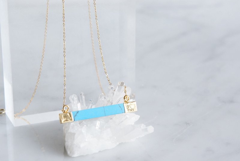 【14KGF】 Necklace, Gemstone, Artistic Blue Turquoise Rectangle Bar - สร้อยคอ - เครื่องเพชรพลอย สีน้ำเงิน