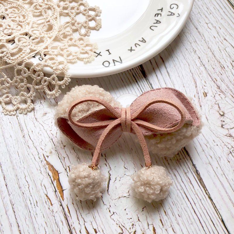Roll Teddy Lamb Cashmere Bow / Rice Camel + Pink Orange - Hair Accessories - Other Materials Khaki