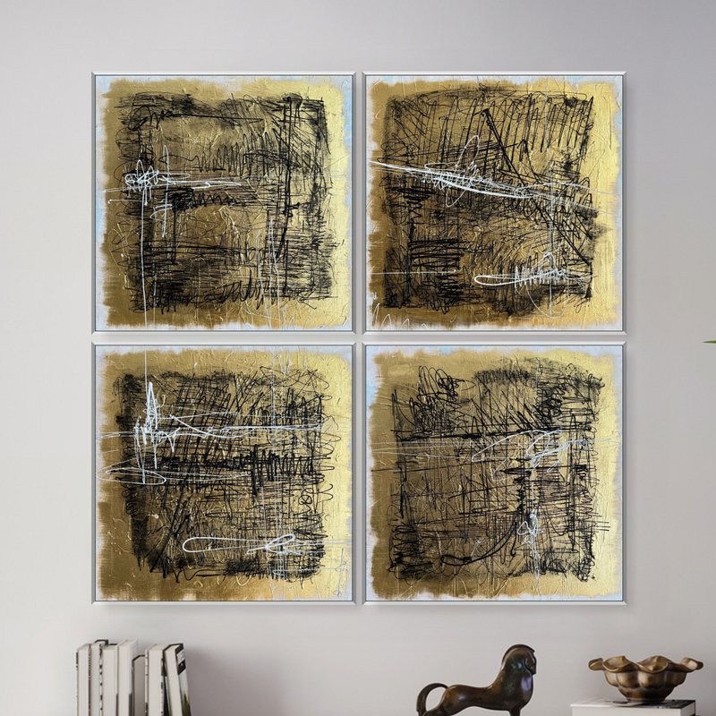 Original Black and Gold Set of 4 Painting On Canvas Modern Abstract Oil Painting - 壁貼/牆壁裝飾 - 壓克力 多色