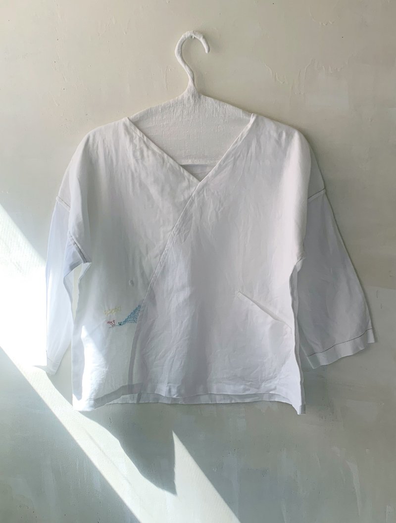 Linen and linen patchwork top - the days of learning to go down - Women's Tops - Cotton & Hemp White