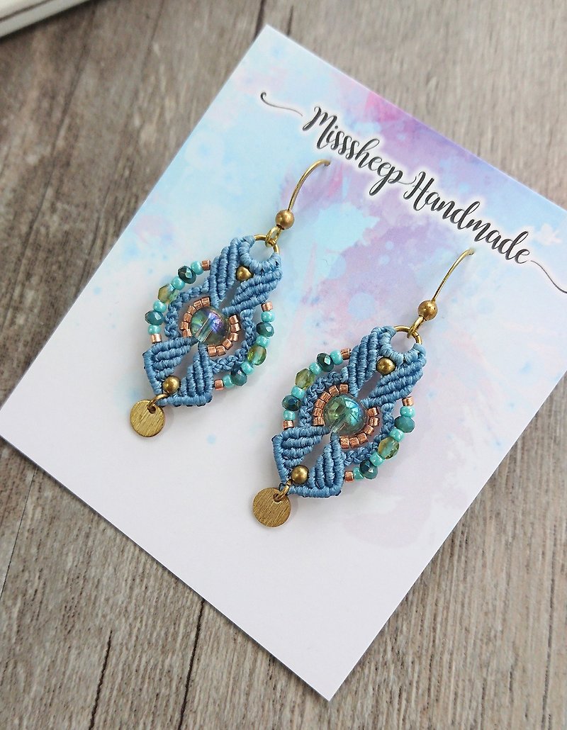 A131-National style South American wax line woven brass beads Japanese beads earrings (ear hook / ear clip) - Earrings & Clip-ons - Other Materials Blue