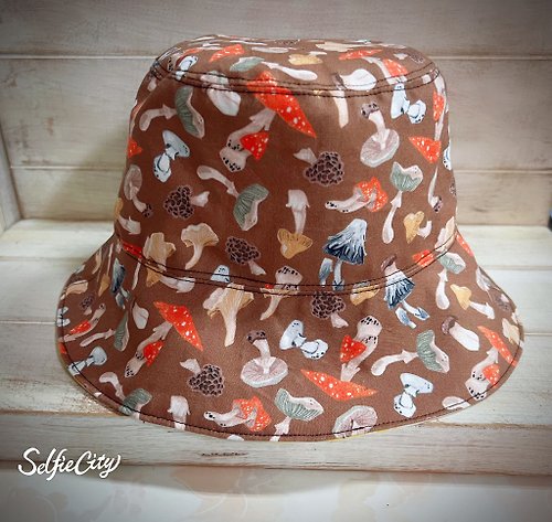 艾莉絲handmade 咖啡色蘑菇 手繪花花圖紋漁夫帽 遮陽帽