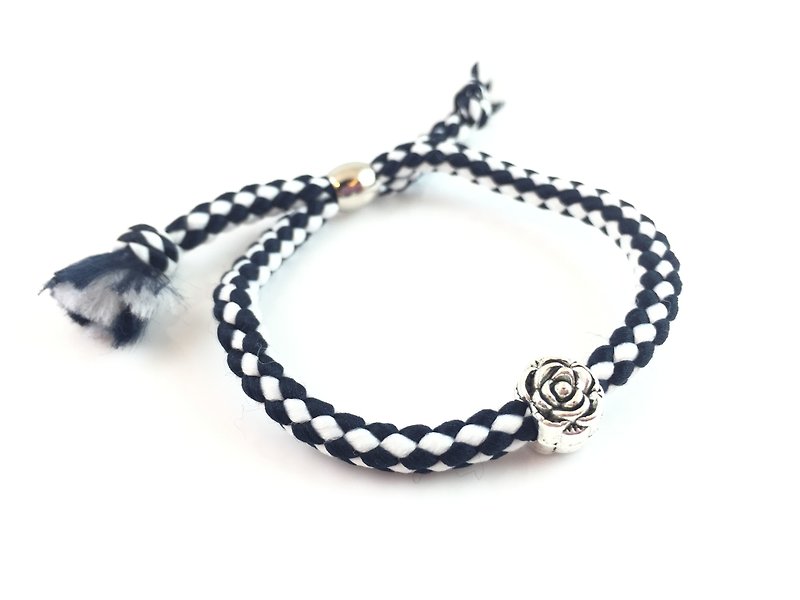 銀色玫瑰花-黑白兩色手繩 - 手鍊/手環 - 棉．麻 黑色