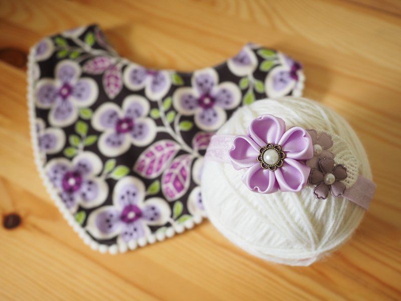 Purple flower pattern baby / child elastic hair band and bib suitcase suit - Baby Gift Sets - Cotton & Hemp Purple