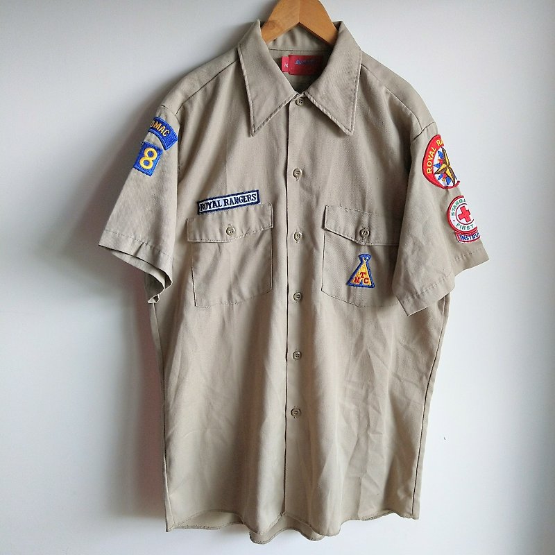 American Vintage | Dickies American Boy Scout Embroidered Patch Khaki Boys Short Sleeve Shirt - เสื้อเชิ้ตผู้ชาย - ผ้าฝ้าย/ผ้าลินิน สีกากี