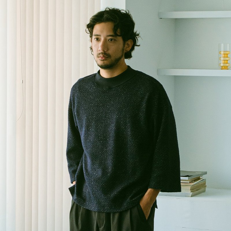 Bouclé Mock Neck Wool Knit Top - Men's Sweaters - Wool Blue