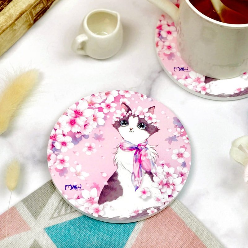 Ceramics | Absorbent Coaster | Hot or Cold-Sakura Beauty Cat - ที่รองแก้ว - เครื่องลายคราม สึชมพู