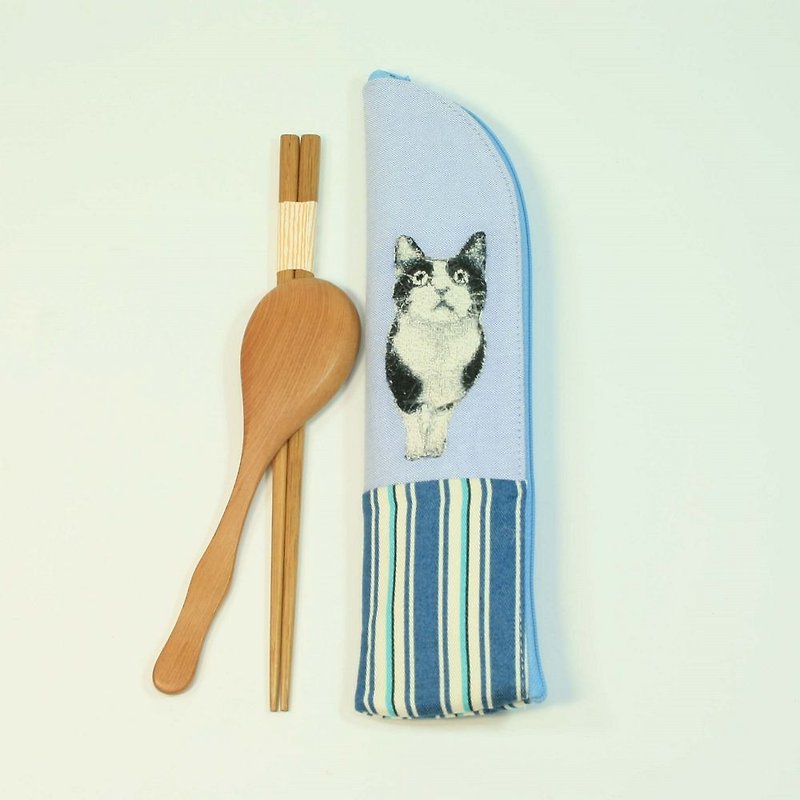 Embroidery Chopsticks Bag 06-Cat - ตะเกียบ - ผ้าฝ้าย/ผ้าลินิน สีน้ำเงิน